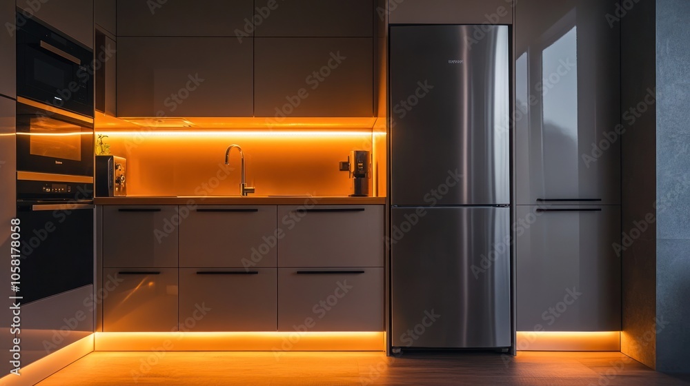 Modern kitchen with sleek design and ambient lighting. Modern kitchen with sleek design and ambient lighting.