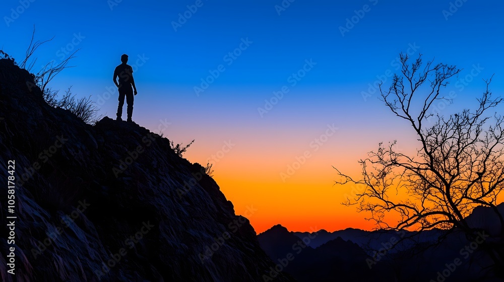Silhouetted man standing on a mountain peak at sunset, with vivid colors in the sky. Silhouetted man standing on a mountain peak at sunset, with vivid colors in the sky.