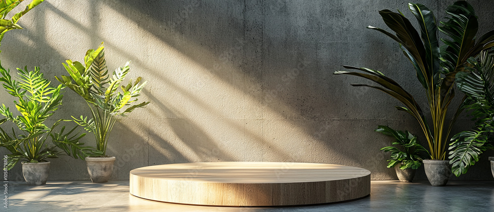 A round wooden podium with a smooth surface is placed on the floor of an empty room with concrete walls and potted plants, generative AI A round wooden podium with a smooth surface is placed on the floor of an empty room with concrete walls and potted plants, generative AI