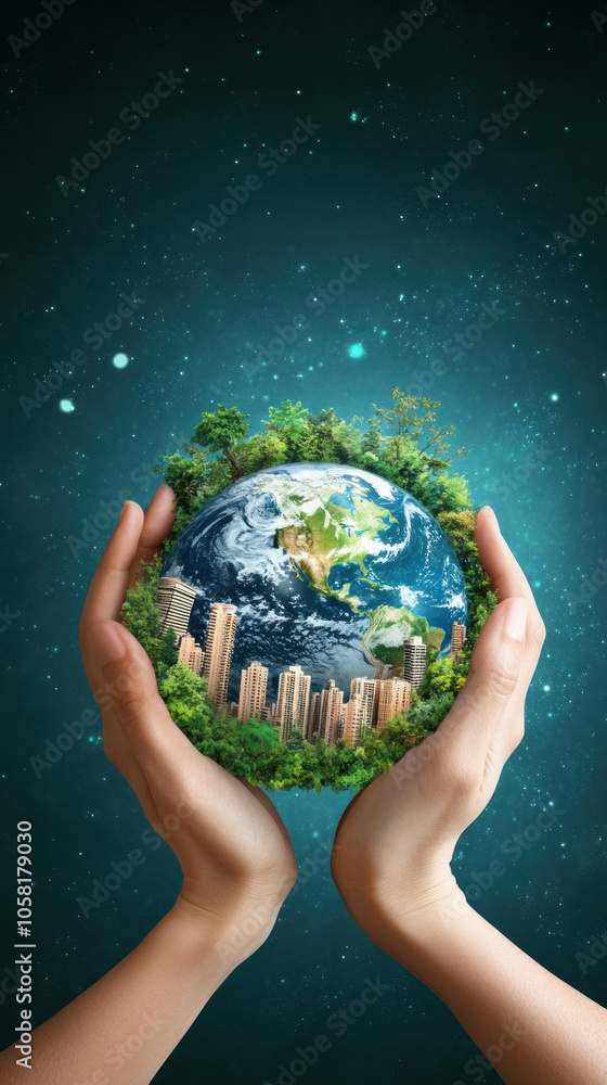 A hand is holding a globe with a city on it. The globe is surrounded by a green forest. Concept of protecting the environment and preserving the planet for future generations