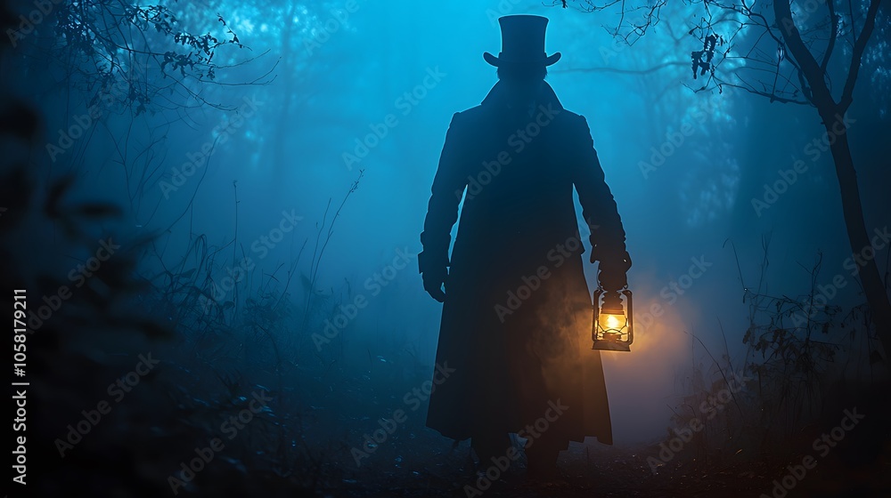 Fototapeta premium Silhouette of a mysterious figure with a lantern in a foggy forest.