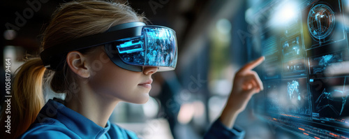 Wallpaper Mural A girl wearing a virtual reality headset is pointing at a screen. Concept of excitement and wonder as the girl explores the virtual world Torontodigital.ca