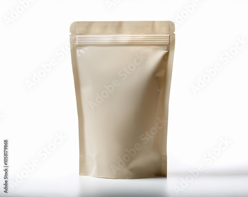 Beige natural color pouch packaging mockup Isolated, Flexible stand-up pouch packaging with a resealable top, suitable for snacks or sauces. cream color package mockups, skin color pouch packaging mo