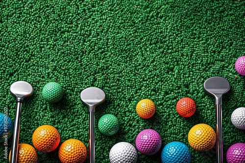 Colorful Mini Golf Clubs and Balls on Green Background with Copy Space photo