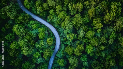 Aerial view of a road in the middle of the forest. 