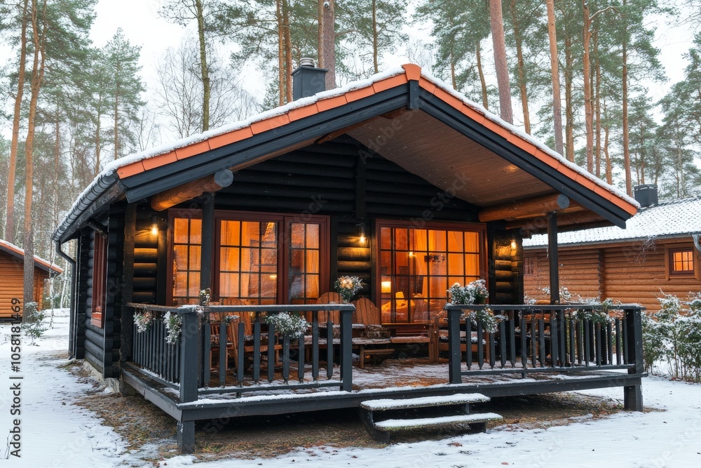 Rustic log cabin with snow covered roof in a pine forest evoking a traditional cozy winter retreat perfect for holiday getaways and nature enthusiasts Rustic log cabin with snow covered roof in a pine forest evoking a traditional cozy winter retreat perfect for holiday getaways and nature enthusiasts