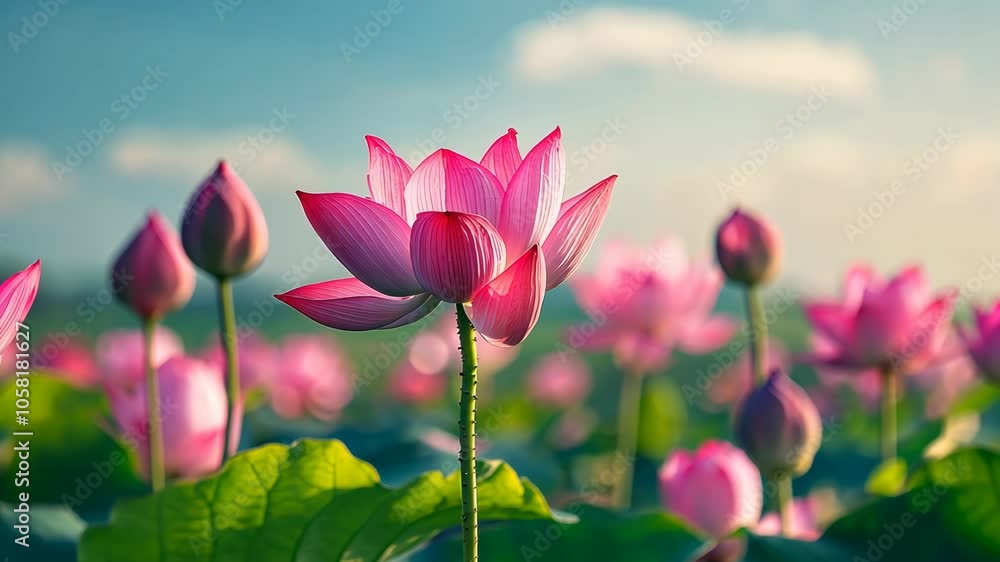 A pink lotus flower blooms in a field of other lotuses on a bright, sunny day A pink lotus flower blooms in a field of other lotuses on a bright, sunny day