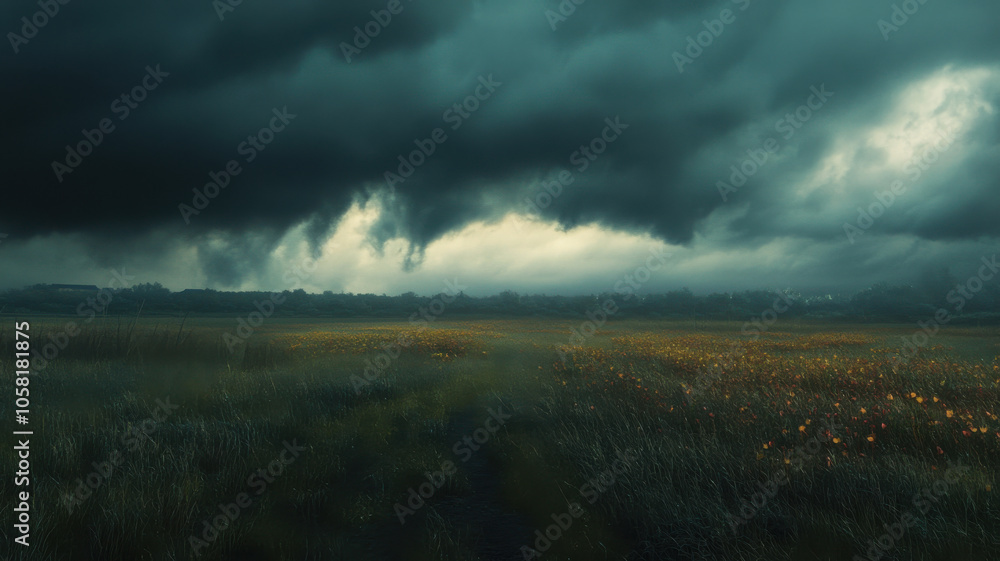 summer thunderstorm with dark clouds gathering over field of flowers creates dramatic and moody atmosphere. contrast between stormy sky and vibrant flowers evokes sense of nature power summer thunderstorm with dark clouds gathering over field of flowers creates dramatic and moody atmosphere. contrast between stormy sky and vibrant flowers evokes sense of nature power