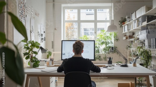 Man Working at Computer in Modern Office