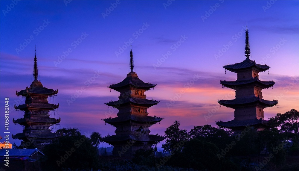 Three pagoda silhouettes stand tall against a vibrant twilight sky, showcasing the intricate architecture and peaceful atmosphere. Three pagoda silhouettes stand tall against a vibrant twilight sky, showcasing the intricate architecture and peaceful atmosphere.