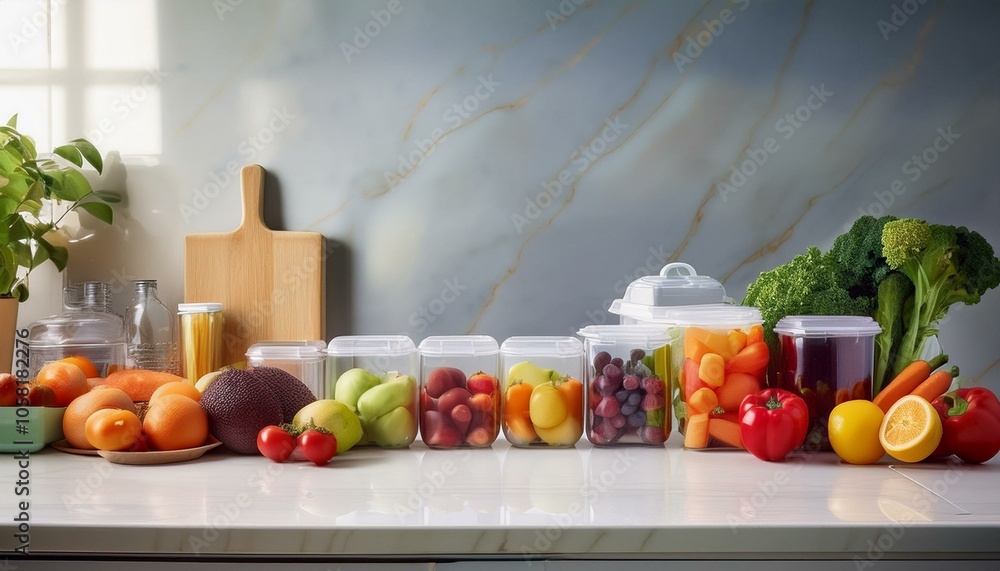 Fresh fruits and vegetables are displayed in clear containers on a kitchen counter. Fresh fruits and vegetables are displayed in clear containers on a kitchen counter.