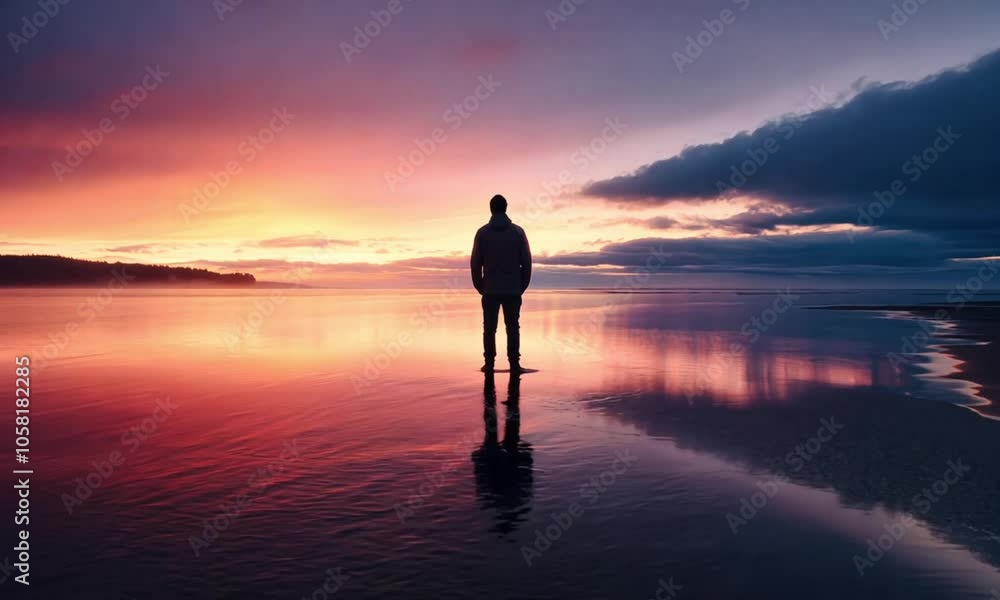 Silhouette of a Person Standing on a Beach at Sunset with Vibrant Sky and Reflections on the Water Silhouette of a Person Standing on a Beach at Sunset with Vibrant Sky and Reflections on the Water