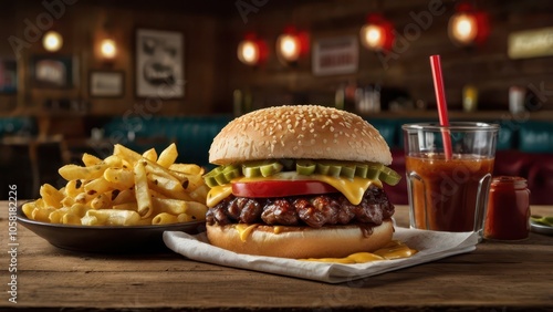 Classic American Cuisine - Juicy Burger, BBQ Ribs, and Crispy Fries with Rustic Diner Vibes