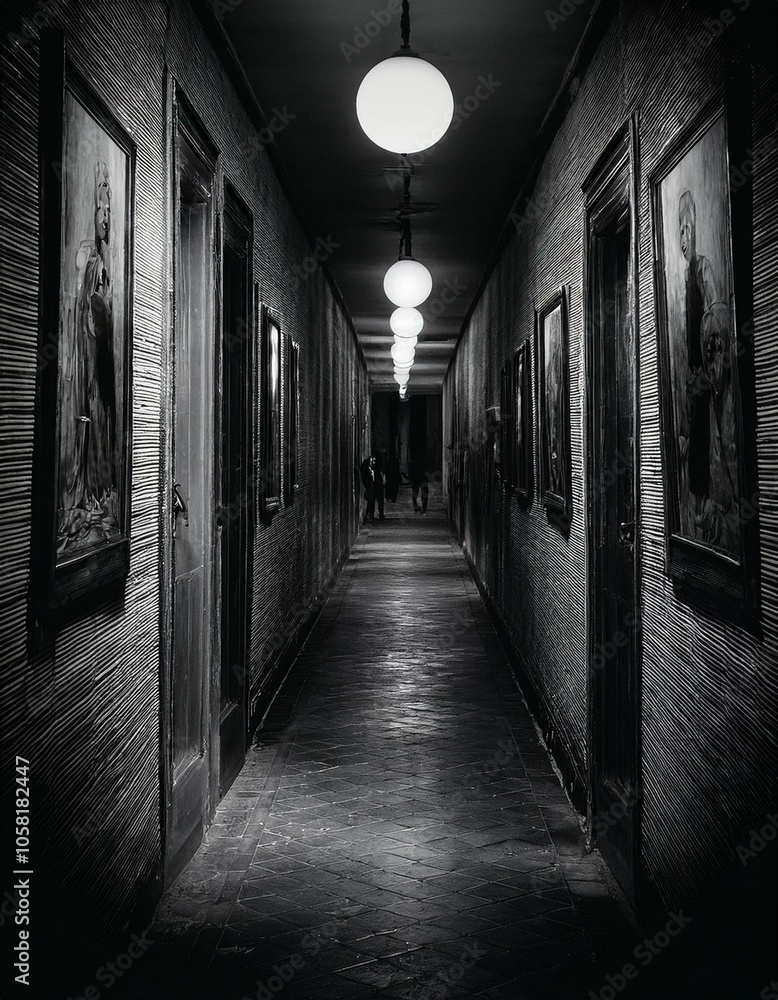 A long, dark hallway with a string of lights overhead. The walls are lined with paintings and doors on either side. A long, dark hallway with a string of lights overhead. The walls are lined with paintings and doors on either side.