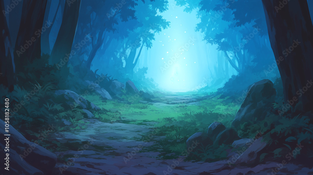Mystical Forest Path with Glowing Light Mystical Forest Path with Glowing Light