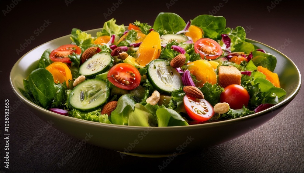 A colorful salad with fresh vegetables, nuts, and croutons in a green bowl.