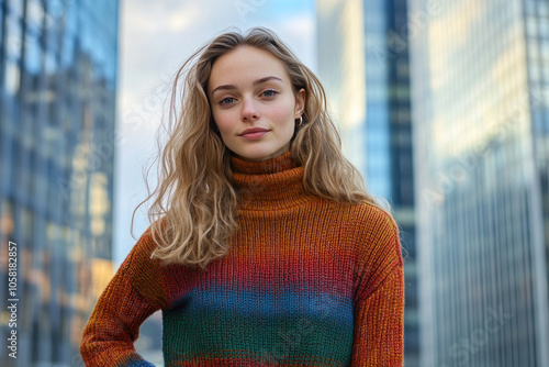 Germany woman wearing turtleneck sweater standing among skyscrapers photo