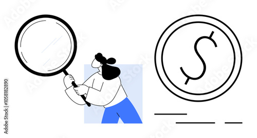Character holding a magnifying glass inspecting a large coin, symbolizing financial analysis, money management, and scrutiny. Ideal for finance, investment, audit, economic study, business