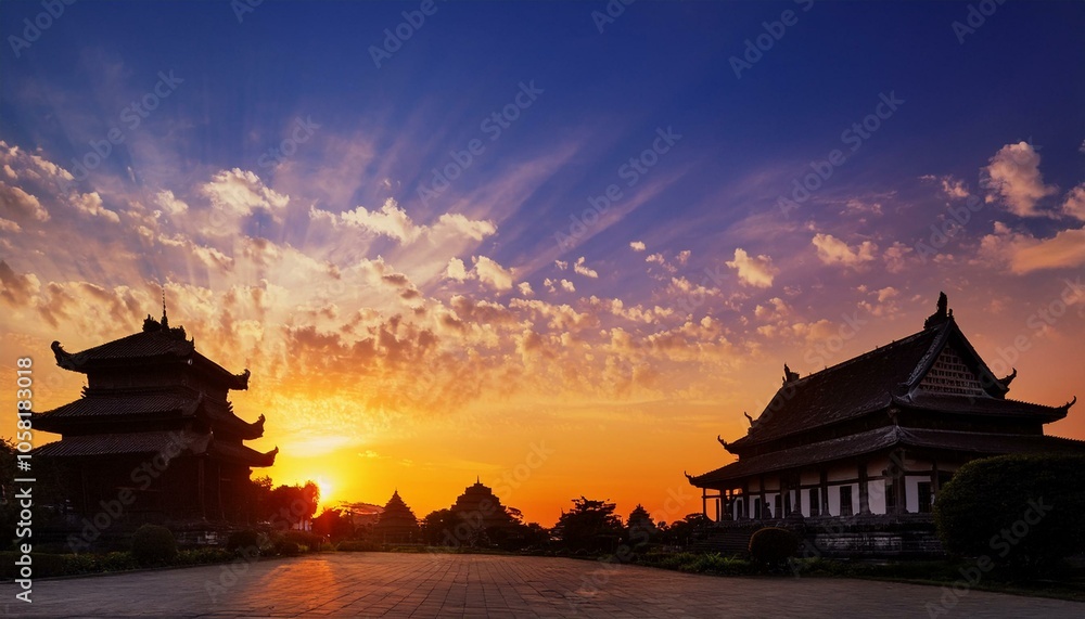 Silhouettes of ancient temples stand tall against a breathtaking sunset, painting the sky with hues of orange and purple. Silhouettes of ancient temples stand tall against a breathtaking sunset, painting the sky with hues of orange and purple.