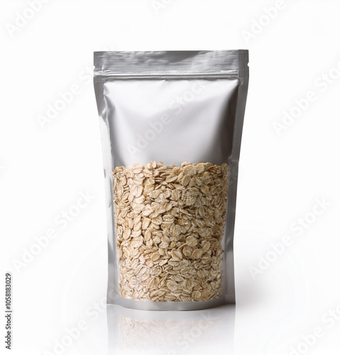 Oat package mockup, Isolated, Flexible stand-up pouch packaging with a resealable top, suitable for snacks or sauces. photo