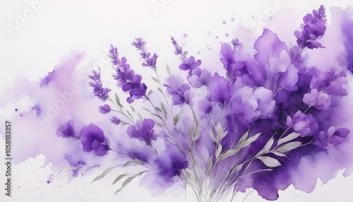 Purple watercolor painting of lavender flowers on a white background.
