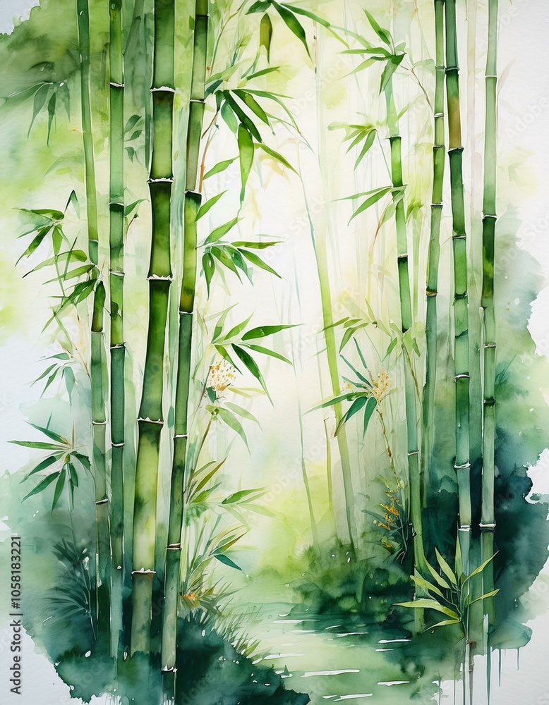 Naklejka premium Watercolor painting of a bamboo forest with a small stream flowing through it.