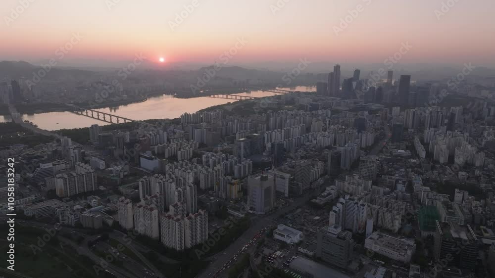 Aerial View of Yeongdeungpo-gu Area at Sunrise, Seoul, South Korea Aerial View of Yeongdeungpo-gu Area at Sunrise, Seoul, South Korea