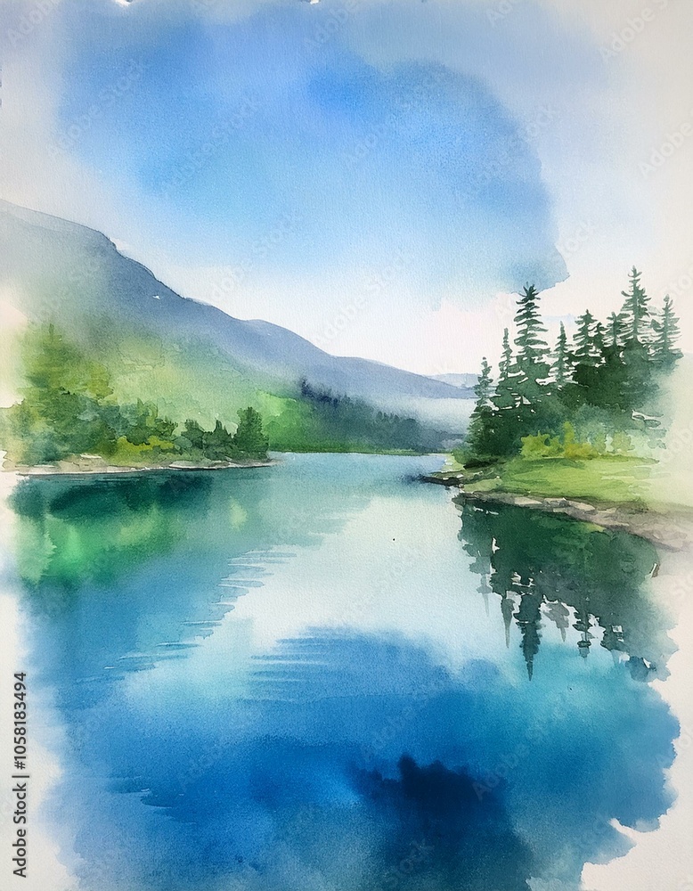 Watercolor painting of a serene lake surrounded by lush greenery and mountains under a clear blue sky. Watercolor painting of a serene lake surrounded by lush greenery and mountains under a clear blue sky.