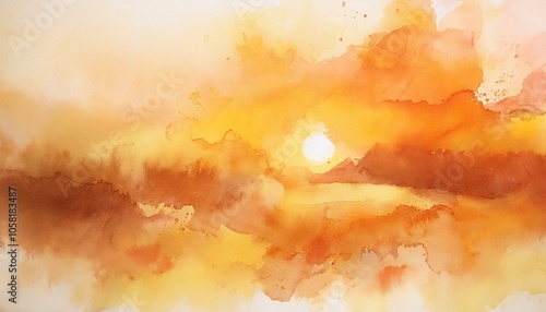 A watercolor painting depicting a bright sunset with warm hues of orange and yellow.