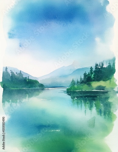 Watercolor painting of a serene lake with a reflection of the surrounding mountains and trees.