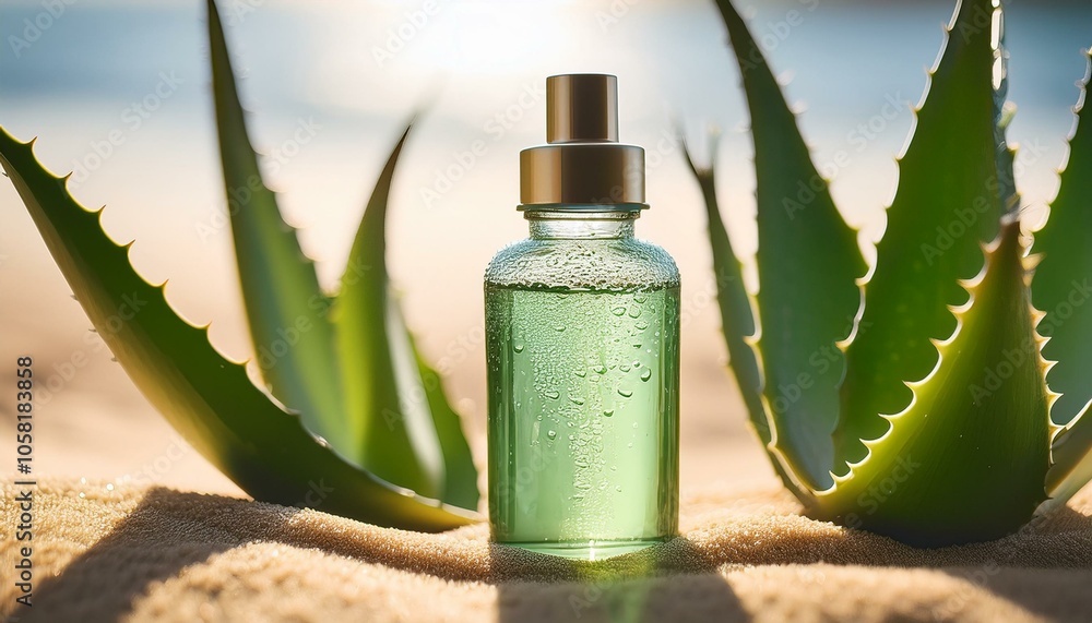 A bottle of aloe vera gel sits between two aloe vera plants on a sandy beach. A bottle of aloe vera gel sits between two aloe vera plants on a sandy beach.
