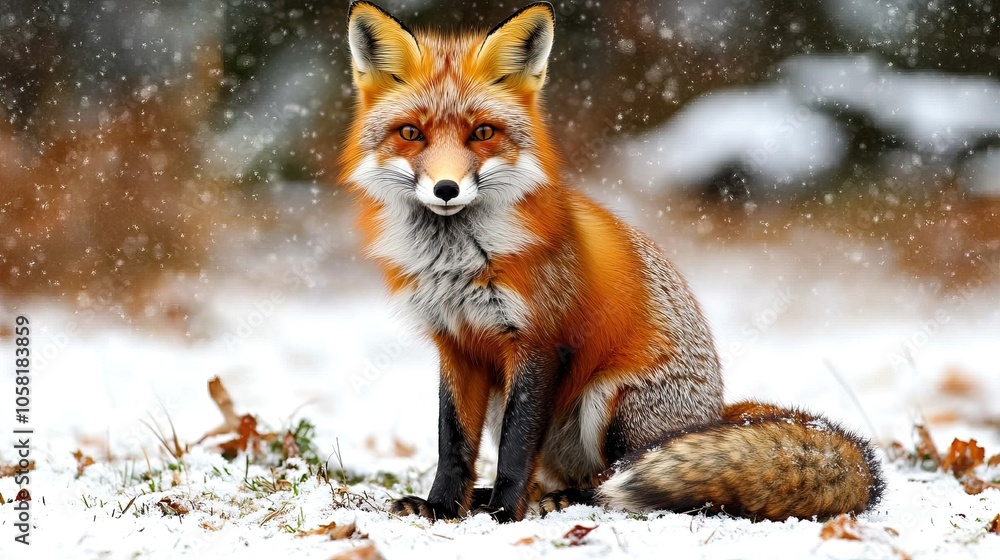 Obraz premium A striking red fox sitting alertly in a snowy landscape, with its fur contrasting against the white background, showcasing the beauty of nature in winter