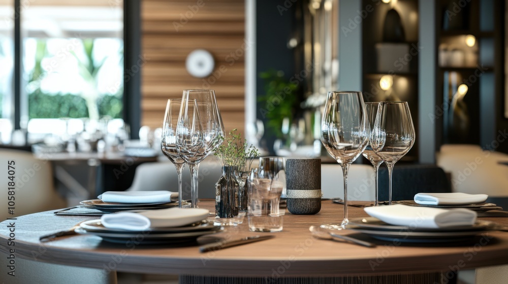 A chic dining room with a modern table setting, stylish decor, A chic dining room with a modern table setting, stylish decor,