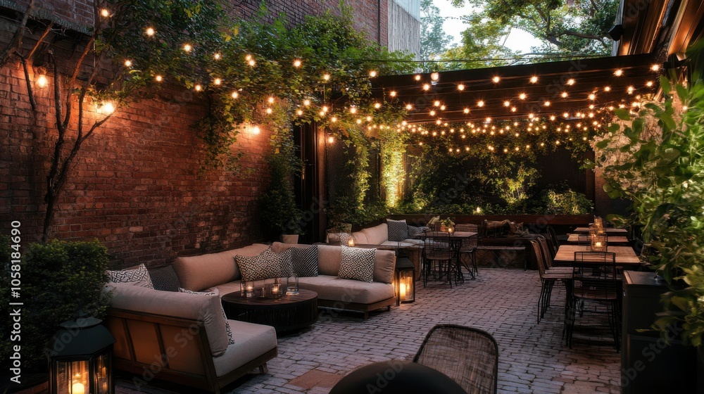 A cozy outdoor space with string lights, comfortable seating, A cozy outdoor space with string lights, comfortable seating,