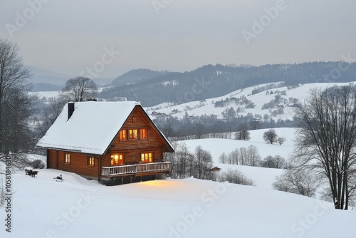 Snow covered cabin blending into a vast snowy hillside illuminated by warm lights evoking solitude and calm in a remote winter landscape