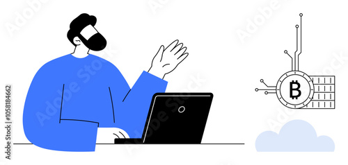 Person sitting at a laptop raising one hand while a Bitcoin symbol with blockchain elements appears nearby. Ideal for cryptocurrency, blockchain technology, online transactions, fintech, digital