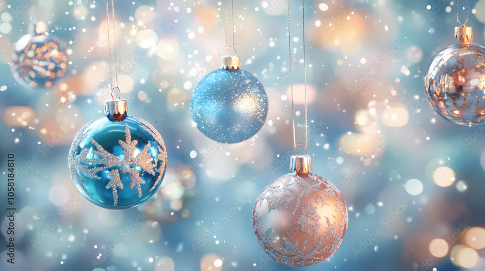 Festive blue christmas background with delicate snowflakes and vibrant christmas balls, soft bokeh lights, creating a magical and joyful holiday ambiance. Glistening Snowflakes. Illustration Festive blue christmas background with delicate snowflakes and vibrant christmas balls, soft bokeh lights, creating a magical and joyful holiday ambiance. Glistening Snowflakes. Illustration
