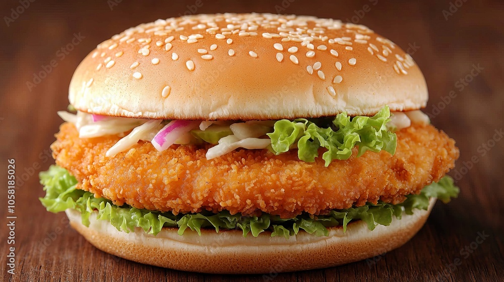 A crispy chicken burger with lettuce, red onion, and coleslaw on a sesame seed bun. A crispy chicken burger with lettuce, red onion, and coleslaw on a sesame seed bun.