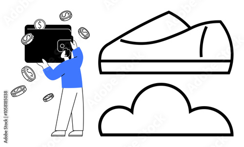 Man depositing cash in wallet with floating coins, featuring shoe and cloud icons. Ideal for finance, digital banking, savings, e-commerce, cloud storage, investments, and fintech concepts. Line