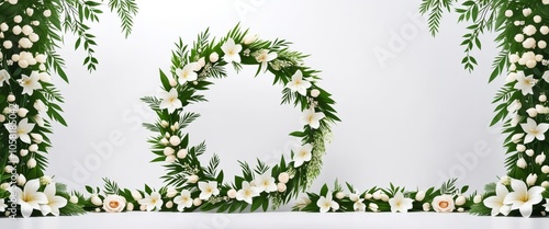Wallpaper Mural Elegant floral wreath with white flowers and greenery on a minimalist background Torontodigital.ca
