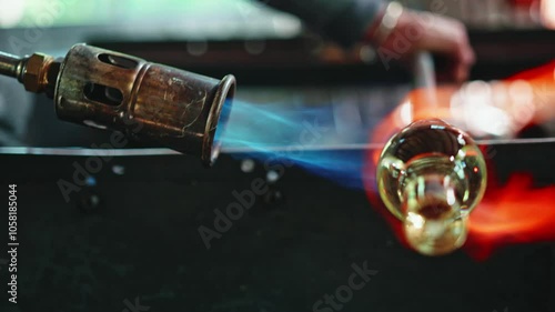 A man torches and shapes glassware in his studio in Spruce Pine, North Carolina. Ambient sounds 