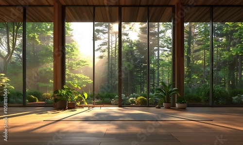 A serene interior space with large windows, surrounded by greenery, allowing soft sunlight to filter through, creating a peaceful atmosphere.