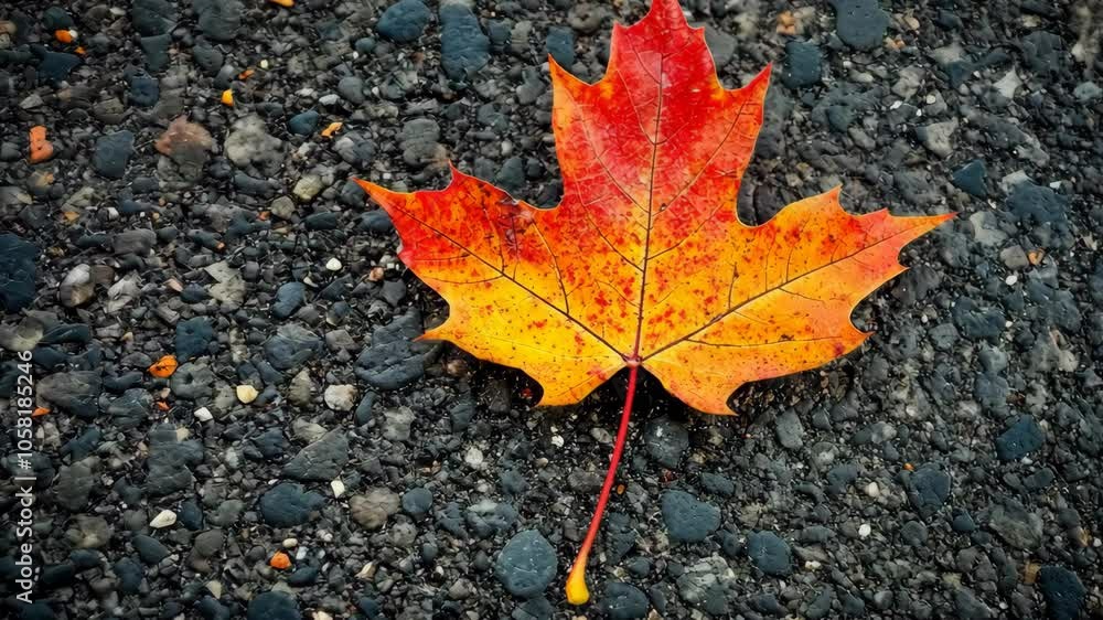 A single, vibrant red and orange maple leaf rests on a bed of gray gravel A single, vibrant red and orange maple leaf rests on a bed of gray gravel