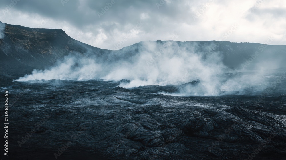 A dramatic volcanic landscape with black lava fields A dramatic volcanic landscape with black lava fields