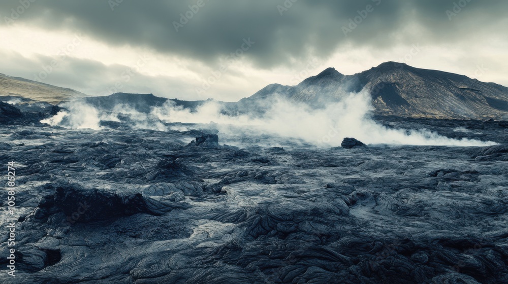 A dramatic volcanic landscape with black lava fields A dramatic volcanic landscape with black lava fields