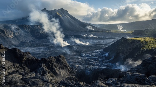 A dramatic volcanic landscape with black lava fields