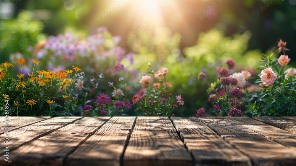 Wooden table with garden flowers in morning light for product display or visual design Wooden table with garden flowers in morning light for product display or visual design