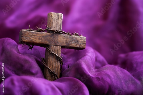 A wooden cross surrounded by thorns and set against a purple. Generative Ai