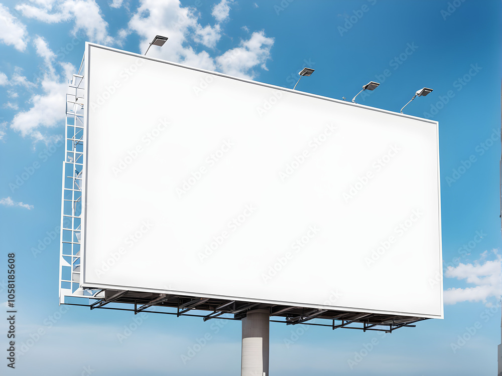 Mockup Large white blank billboard or white promotion poster displayed on the outdoor against the blue sky background. Promotion information for marketing announcements and detail