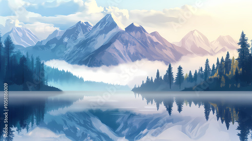 Wallpaper Mural Foggy mountain and lake with reflection. beautiful realistic illustration of mountains in fog for travel poster or card. Foggy Mountains. Illustration Torontodigital.ca